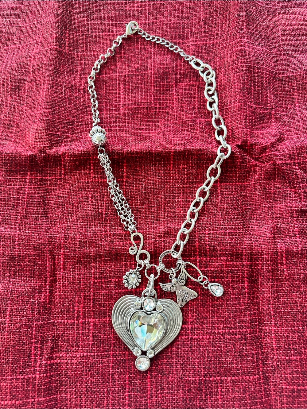 Vintage Brighton Silver Tone Mixed Chain Heart Crystal Pendant Necklace 15"